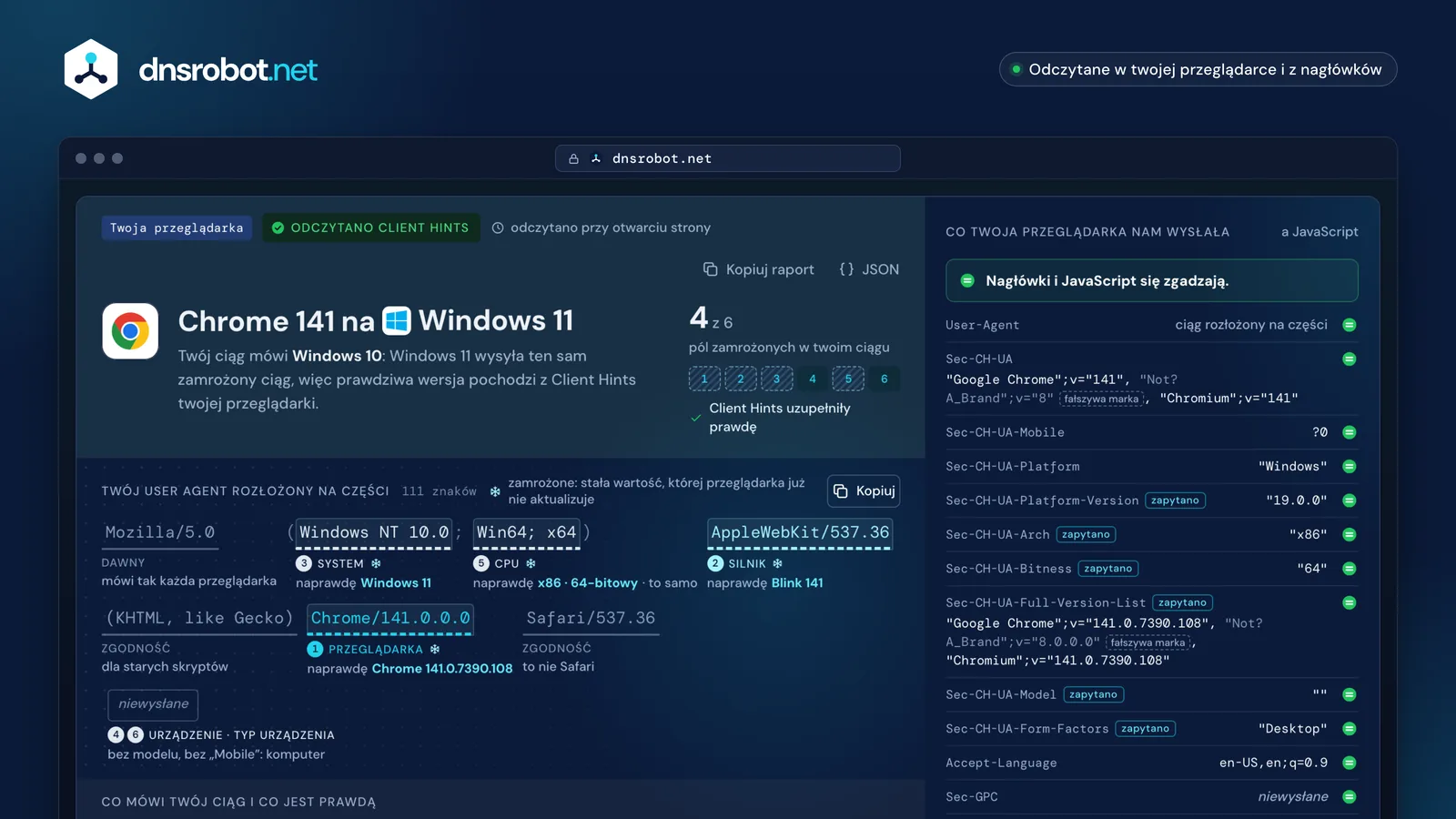 Mój user agent: ciąg user agent Chrome rozłożony na części, zamrożone tokeny oznaczone, obok prawdziwa wersja Windows 11