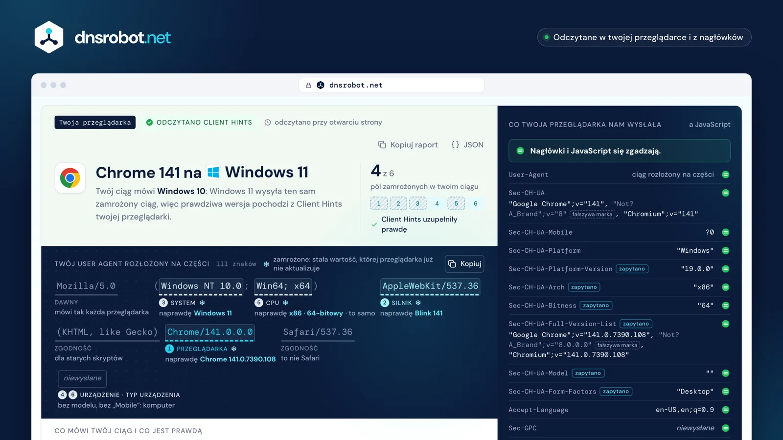 Mój user agent: ciąg user agent Chrome rozłożony na części, zamrożone tokeny oznaczone, obok prawdziwa wersja Windows 11