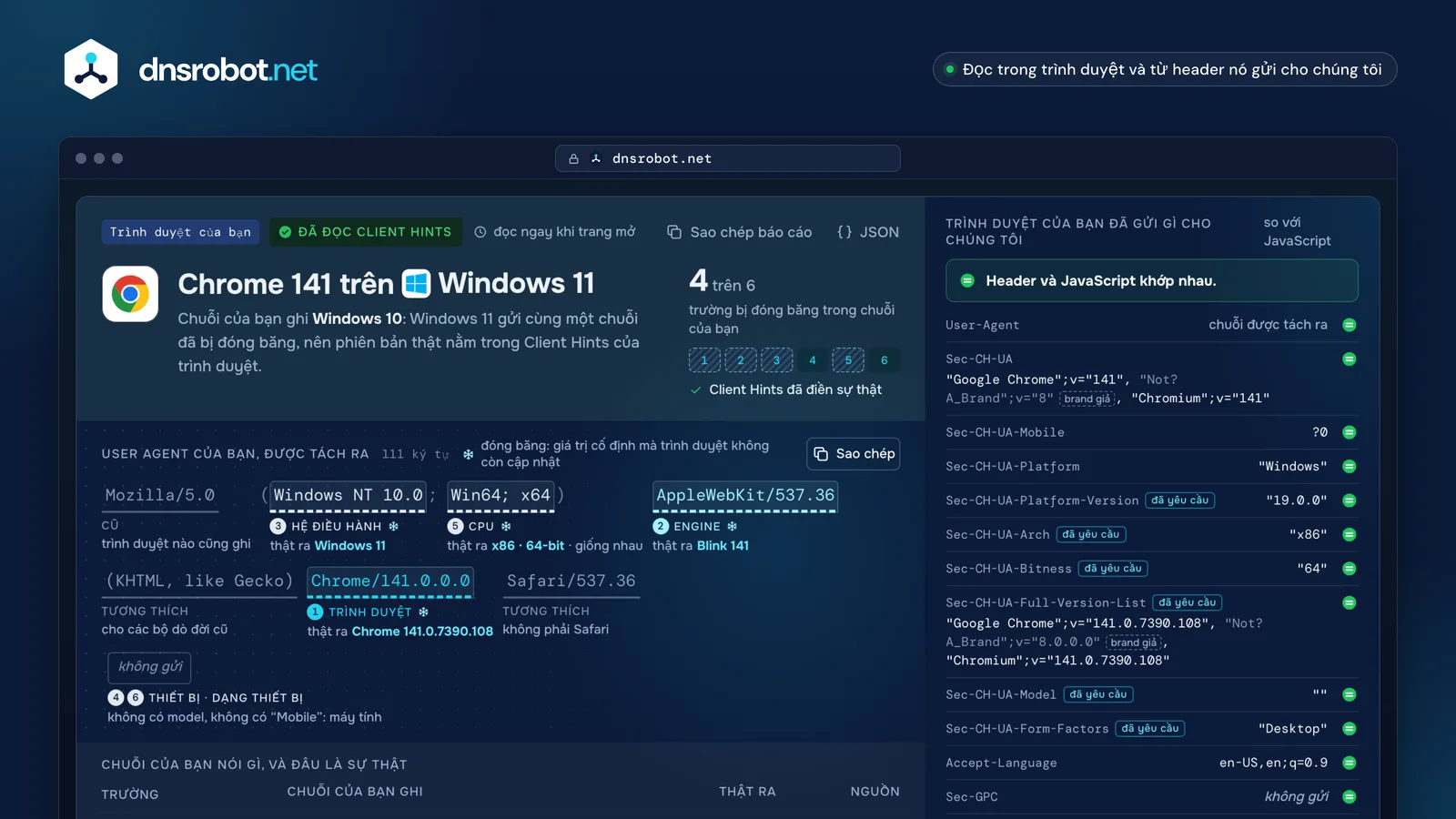User agent của tôi là gì: chuỗi user agent Chrome được tách ra, token đóng băng được đánh dấu, kèm Windows 11 thật
