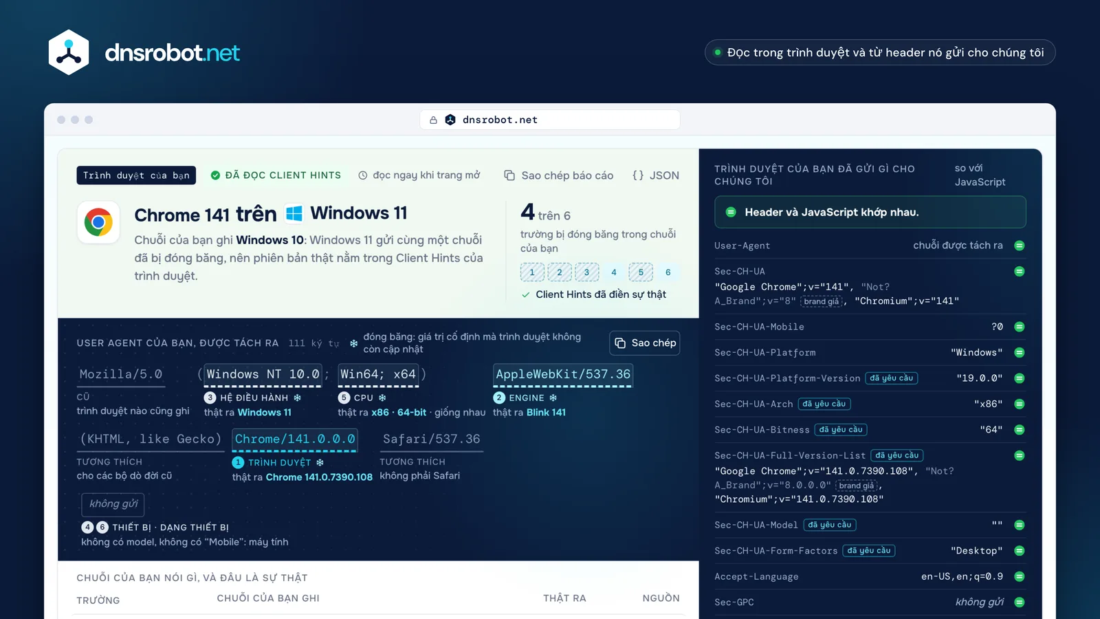 User agent của tôi là gì: chuỗi user agent Chrome được tách ra, token đóng băng được đánh dấu, kèm Windows 11 thật